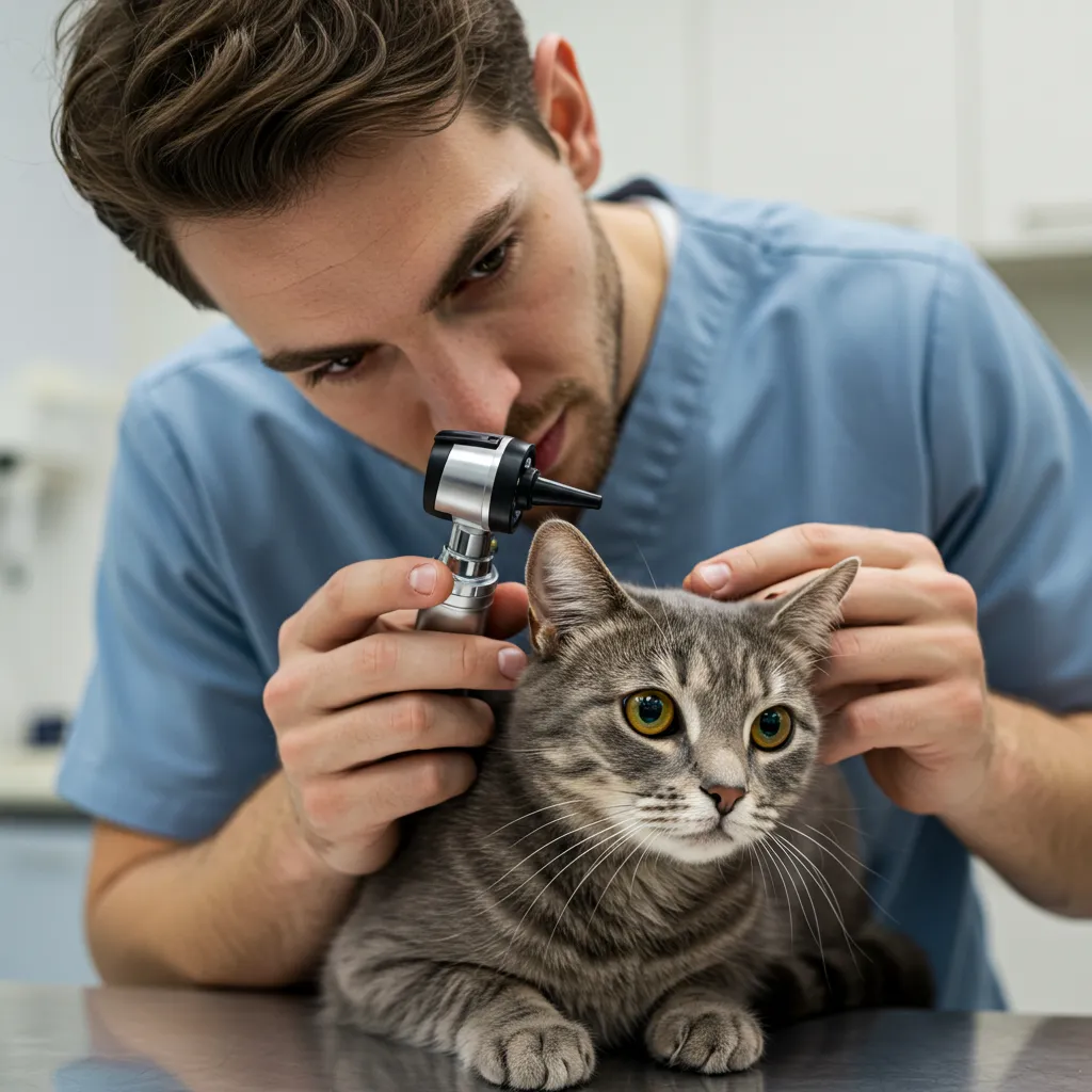 Veterinarian checking cat’s ear for infection causing vestibular disease.