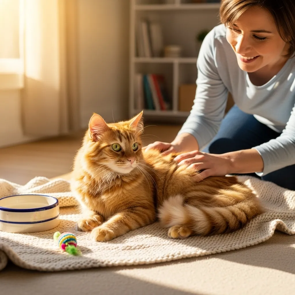 Cozy cat being petted by a cat sitter in a sunlit room, showcasing stress-free cat sitting.