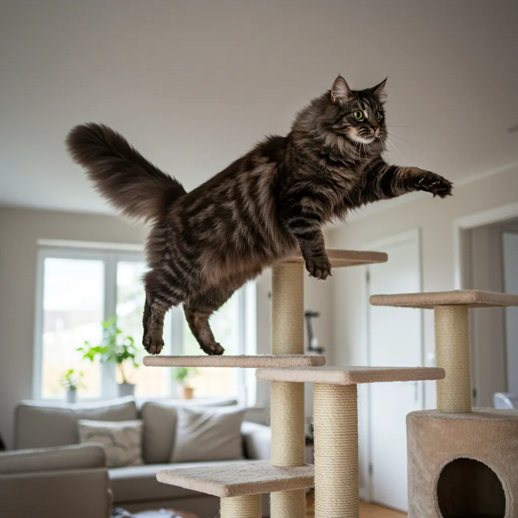 Norwegian Forest Cat exercising on a cat tree to maintain healthy weight.