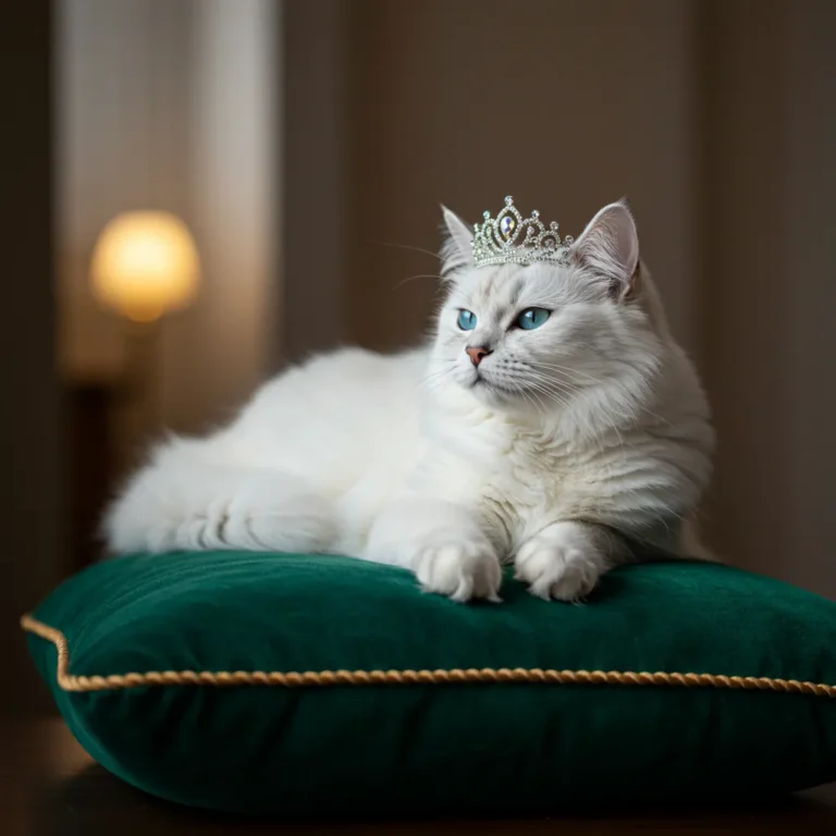 Elegant white female cat with a tiara, ideal for names like Pearl or Aurora.