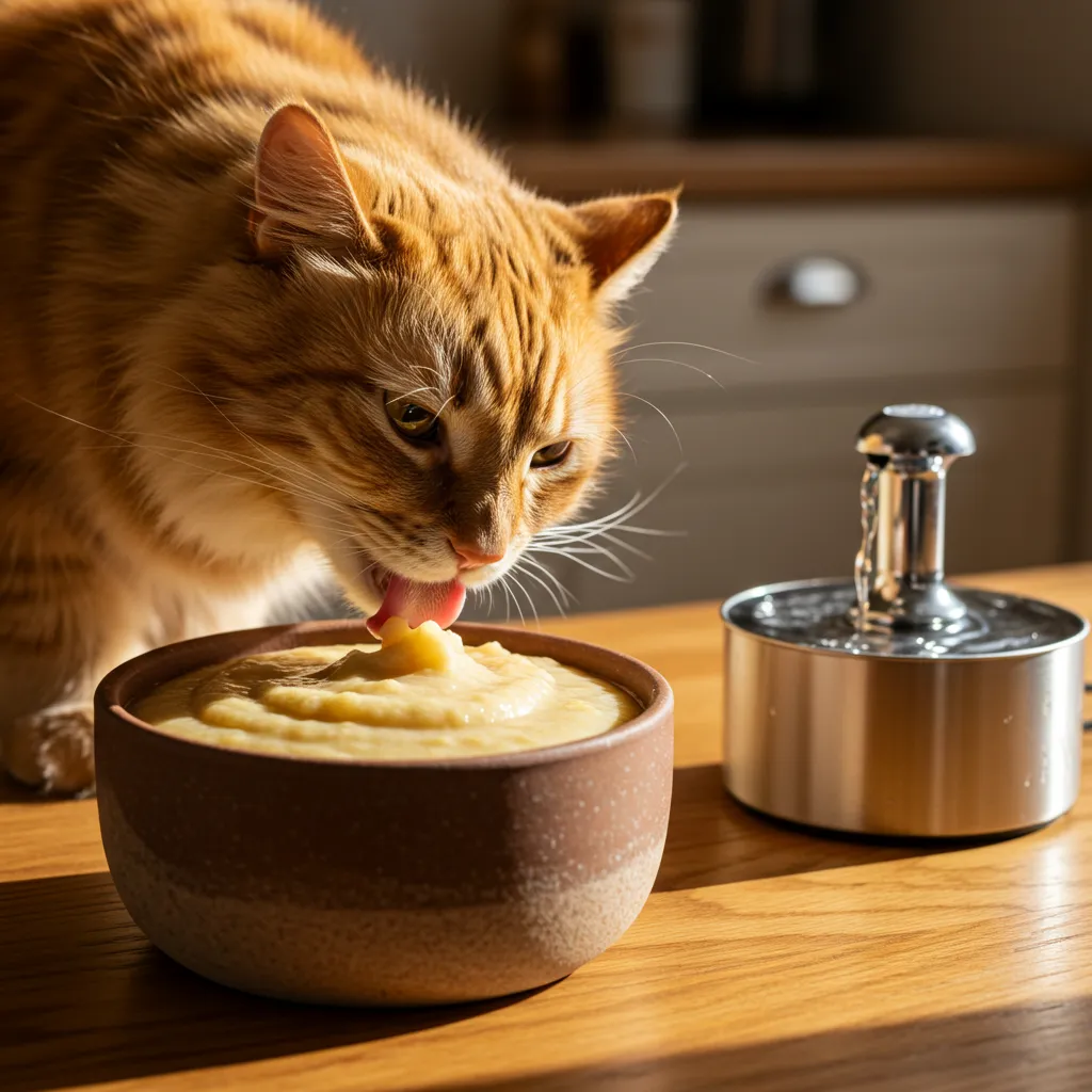 Cat with vestibular disease eating homemade chicken puree from an elevated bowl.
