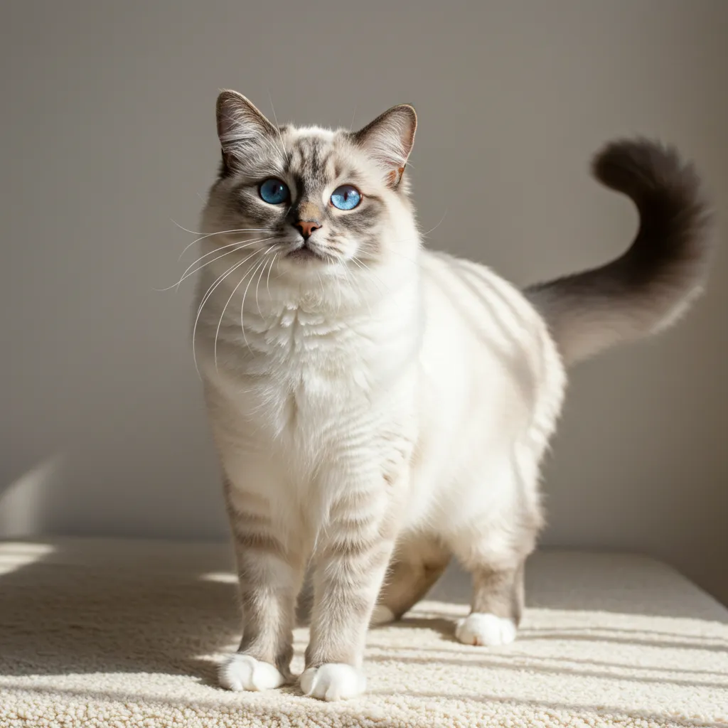 Healthy adult Ragdoll cat with ideal body weight and sleek coat.