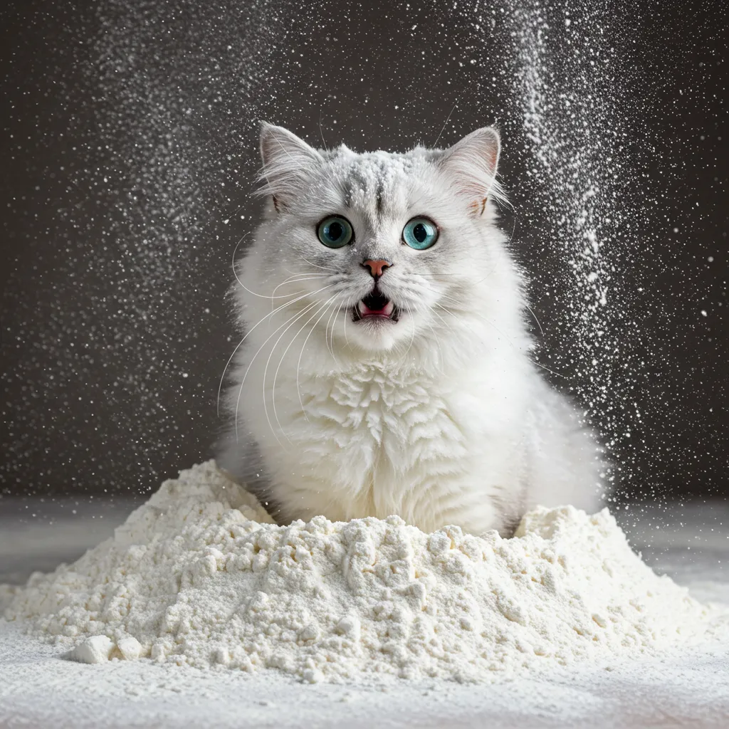 Funny white cat in flour pile, perfect for names like Sneeze or Yeti Spaghetti.