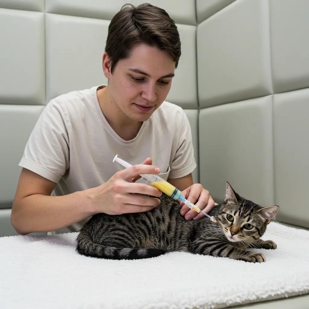 Cat with vestibular disease being syringe-fed in a cozy, safe space.