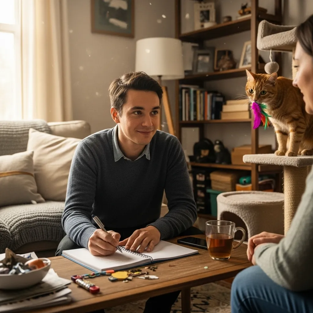 Cat sitter taking notes during a meet-and-greet, preparing for professional cat sitting.