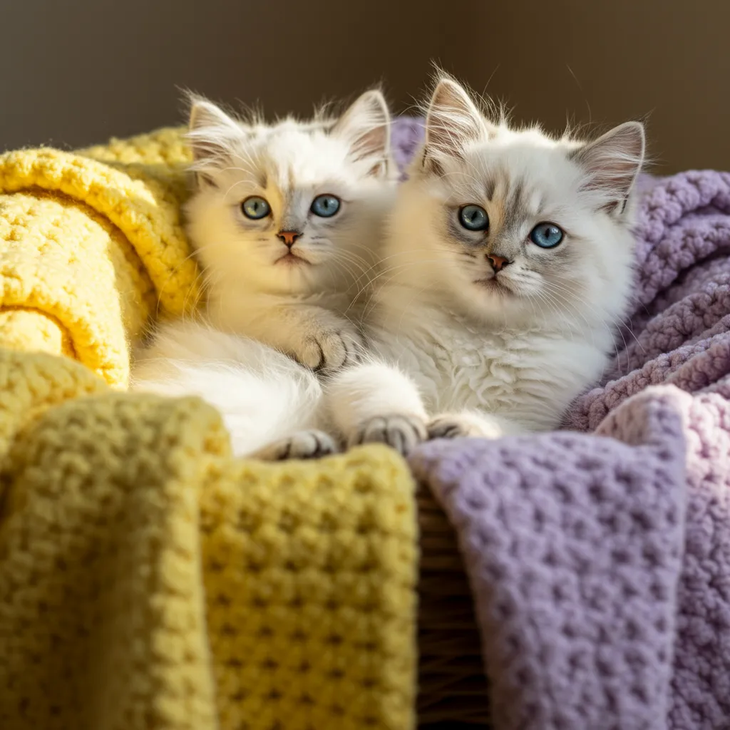 Cute white kitten in a cozy basket, ideal for names like Puffball or Cupcake.
