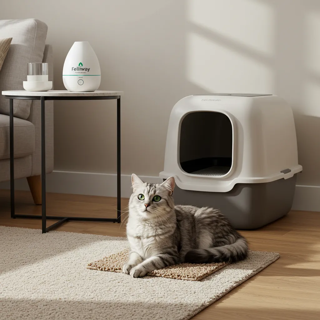 Safe, calming environment for a cat with vestibular disease, featuring Feliway and padded floors.