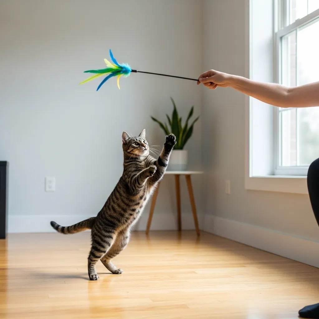 Cat enjoying playtime with a feather wand, highlighting cat sitting enrichment activities.
