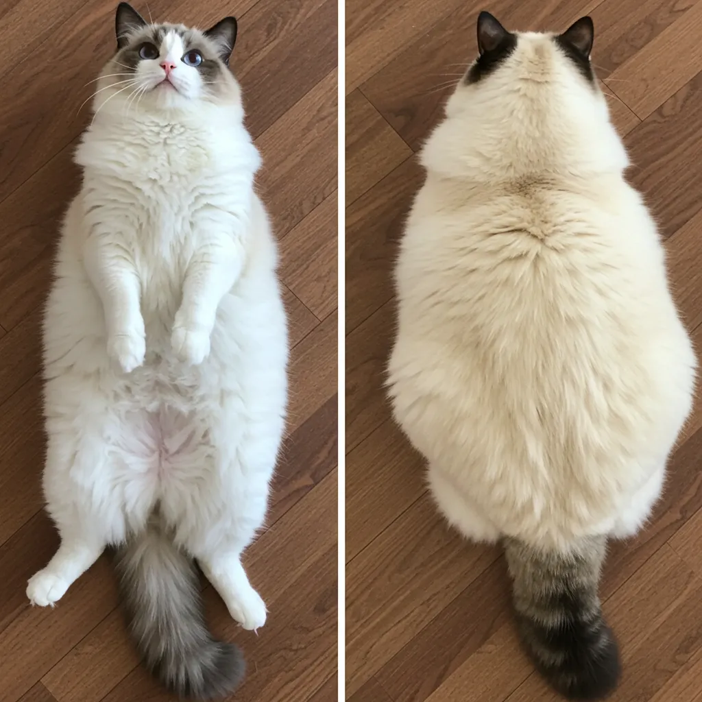 Comparison of healthy vs. overweight Ragdoll cat body shapes from above.