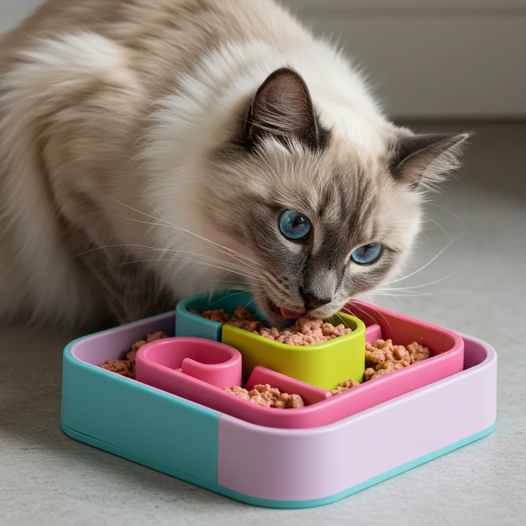 Ragdoll cat eating from a puzzle feeder for portion control.