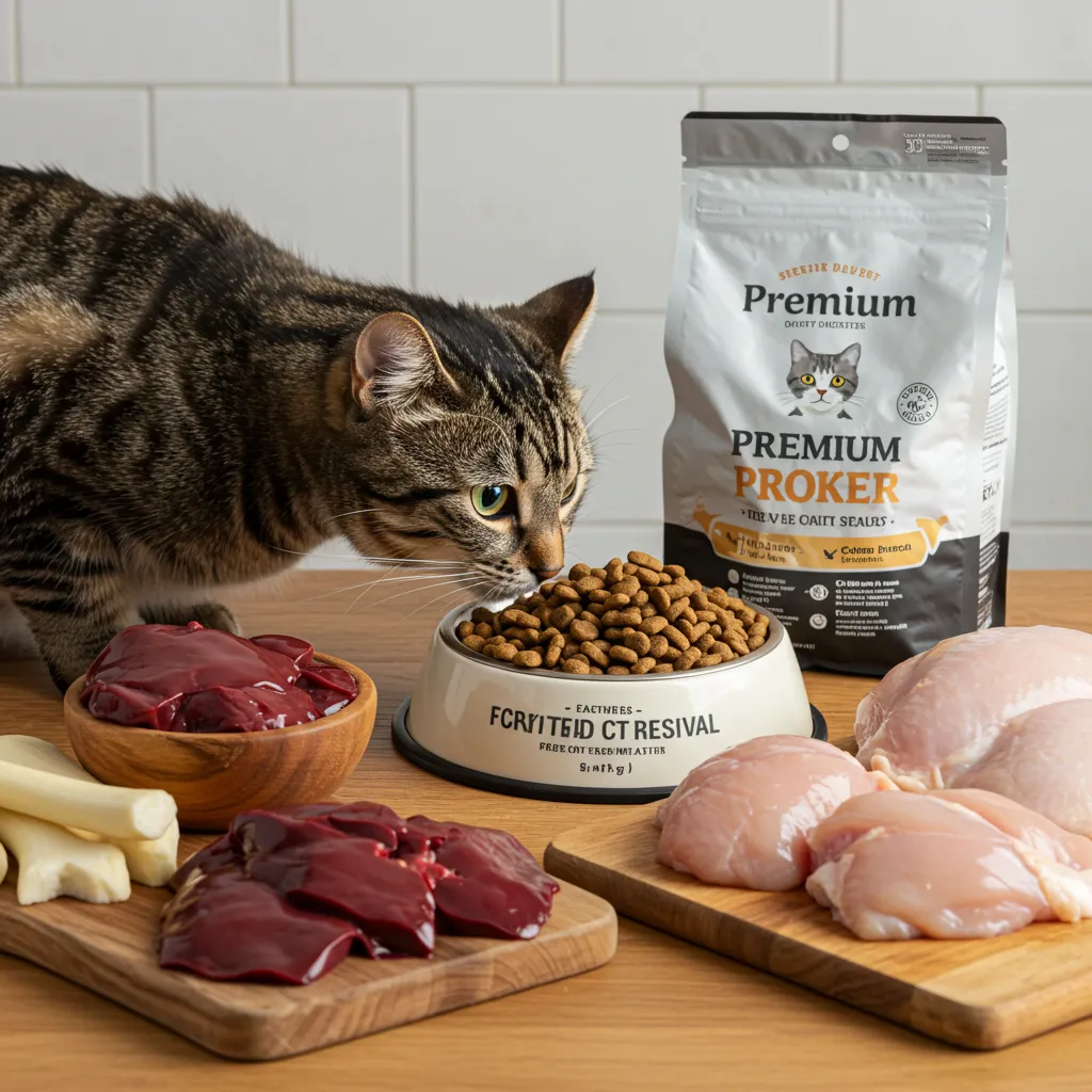 Cat inspecting a bowl of premium cat food with meat by-products, highlighting nutrition and quality.