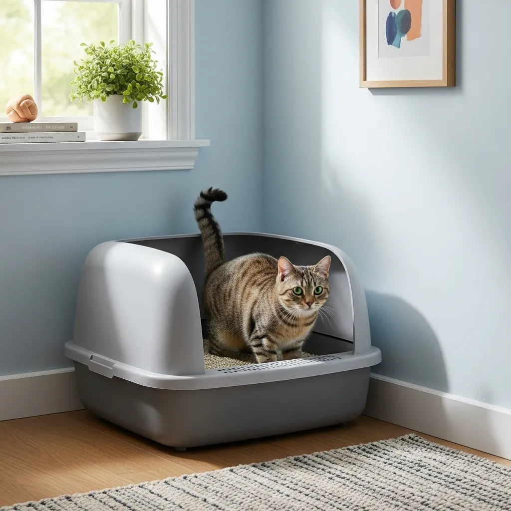  Clean litter box in a quiet home corner, essential for cat sitting hygiene.