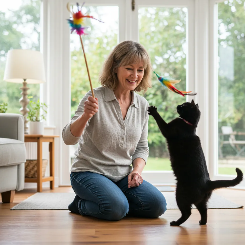 Cat owner using a feather wand to redirect the cat’s play energy and prevent biting.