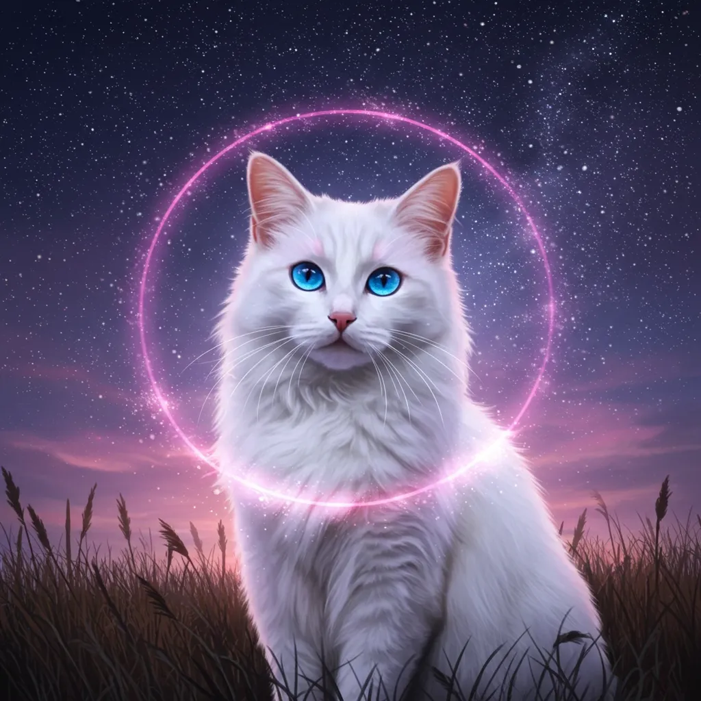 Mystical white cat under starry sky, evoking names like Moonbeam or Selene.