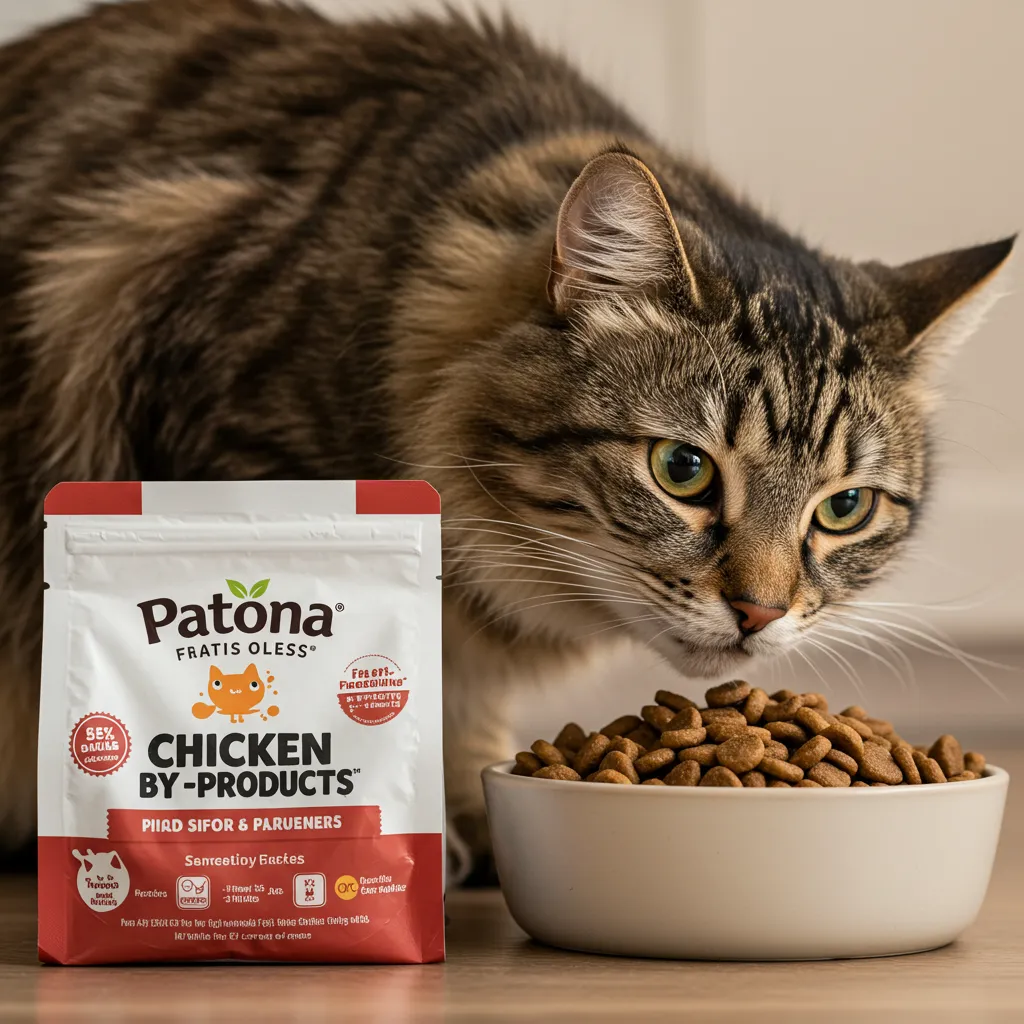 Cat food label showing meat by-products, with a cat enjoying a nutritious meal.