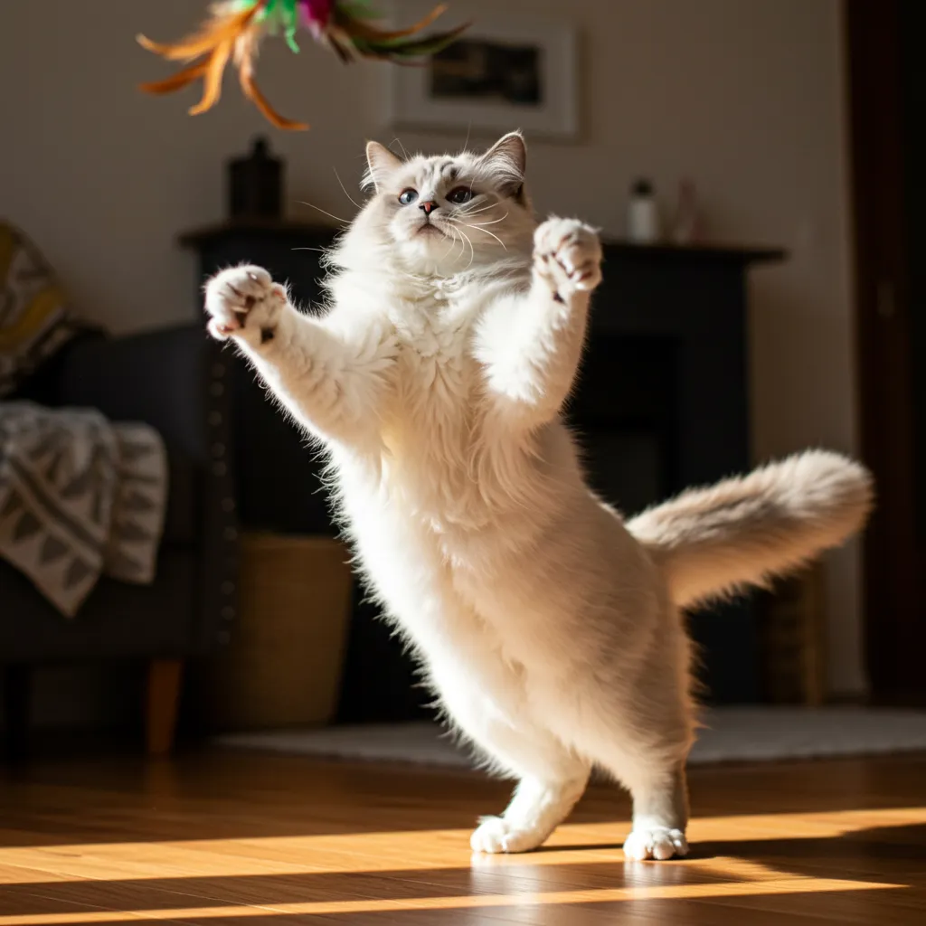 Ragdoll cat playing with a feather wand for exercise.