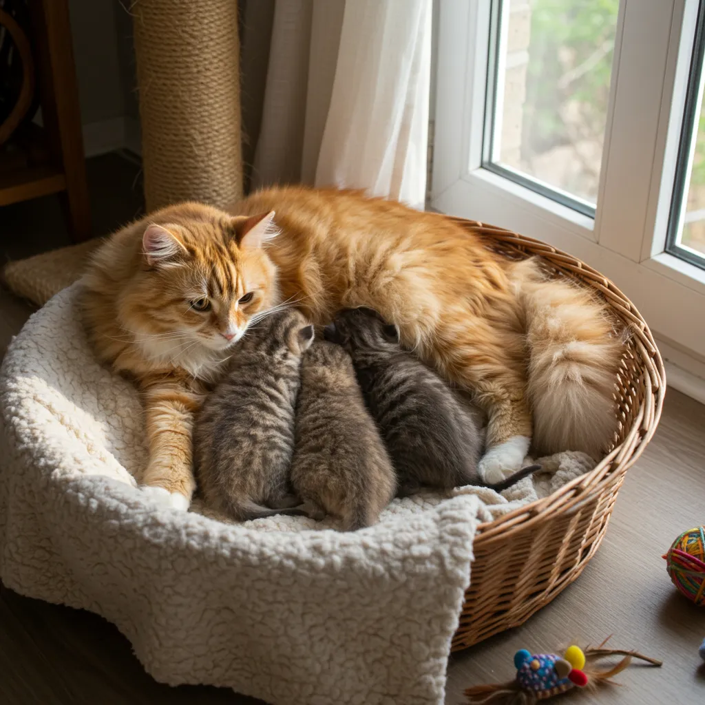Healthy nursing cat cuddling with her kittens in a cozy nesting box.