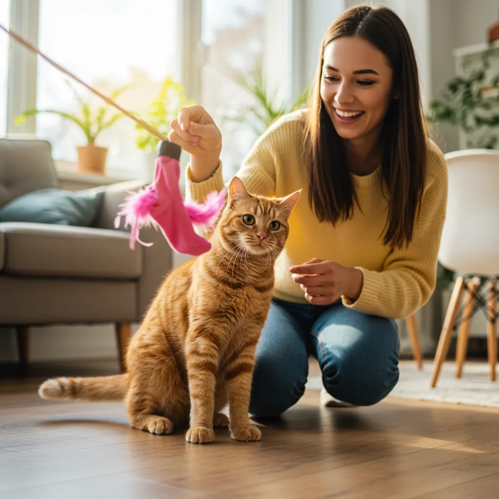 Cat playing with a sock wand toy, highlighting feline mental stimulation through interactive play.