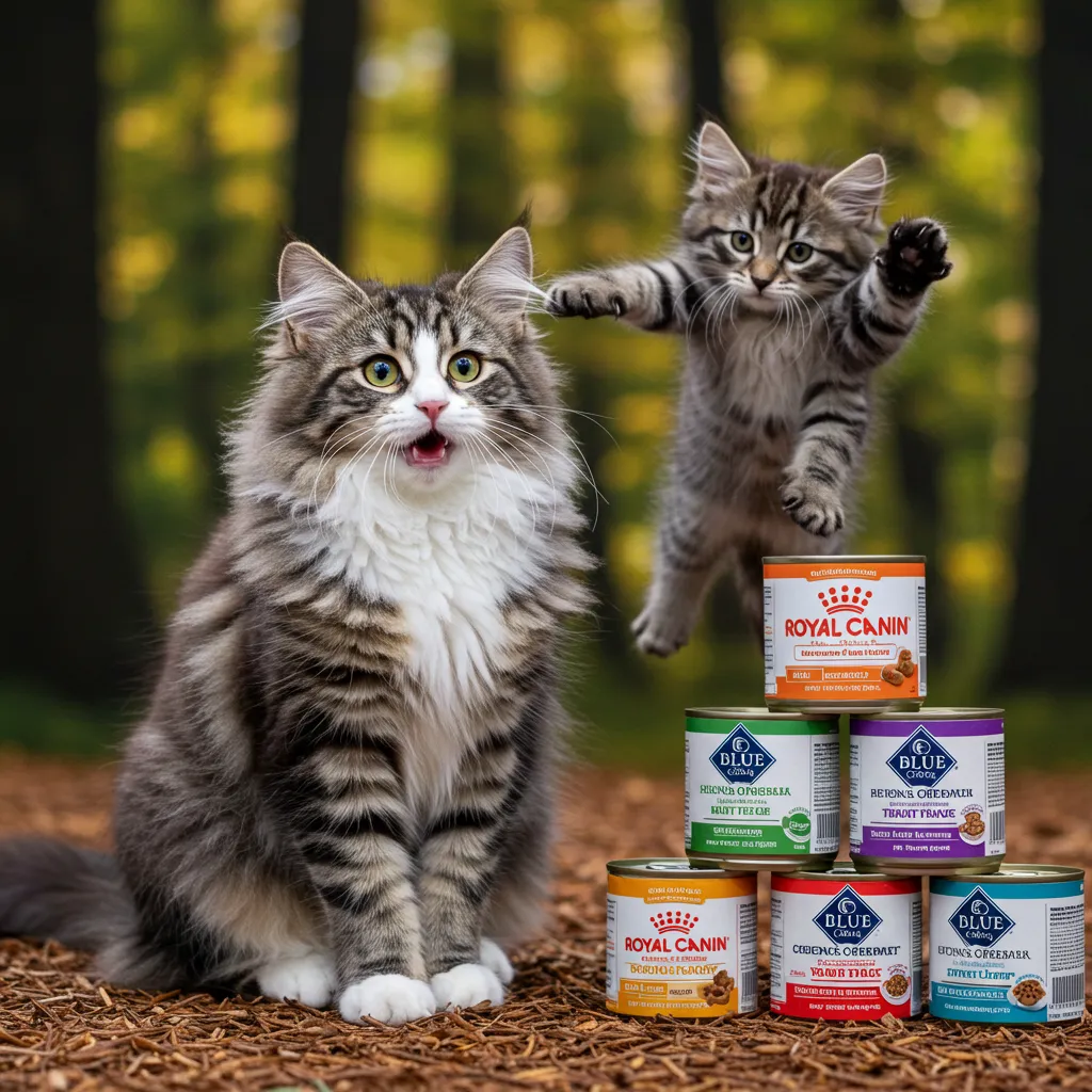  Norwegian Forest Cat with a thick, shiny double coat in a forest setting.