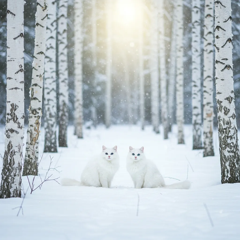 Twin white cats in a snowy forest, inspiring names like Birch or Snowflake.