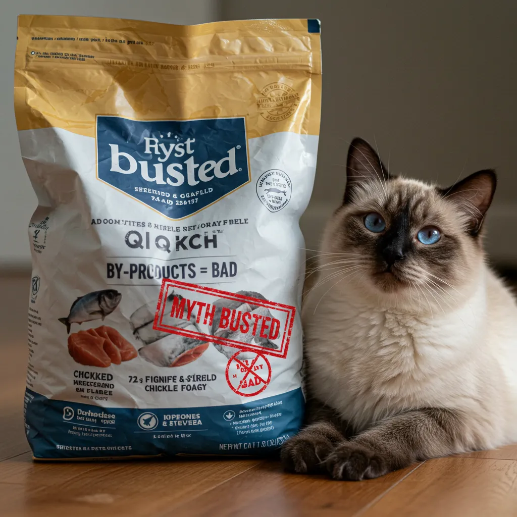 Cat with premium cat food bag, debunking myths about meat by-products.