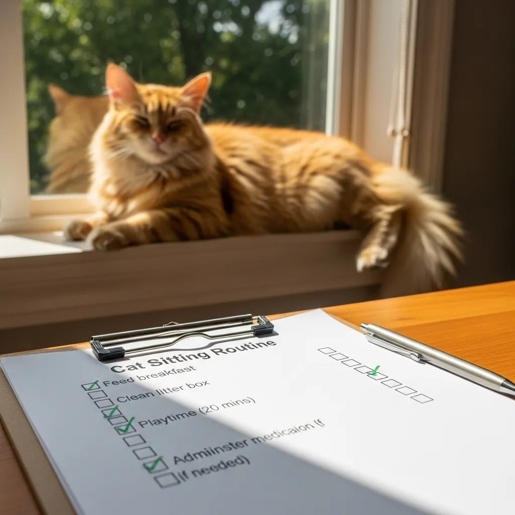  Cat sitter checklist on a clipboard with a relaxed cat in the background, ready for download.