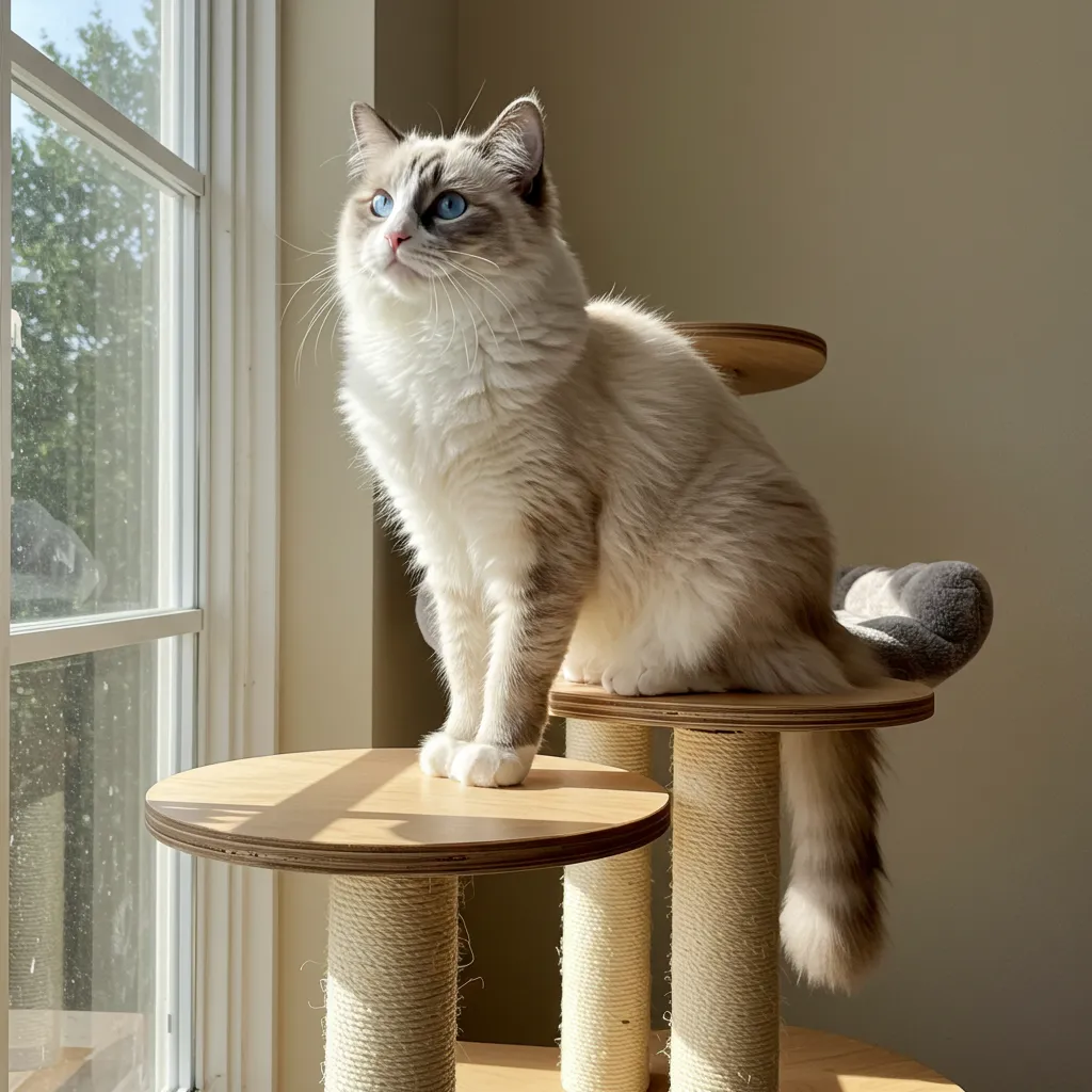Ragdoll cat on a tall cat tree for exercise and stimulation.