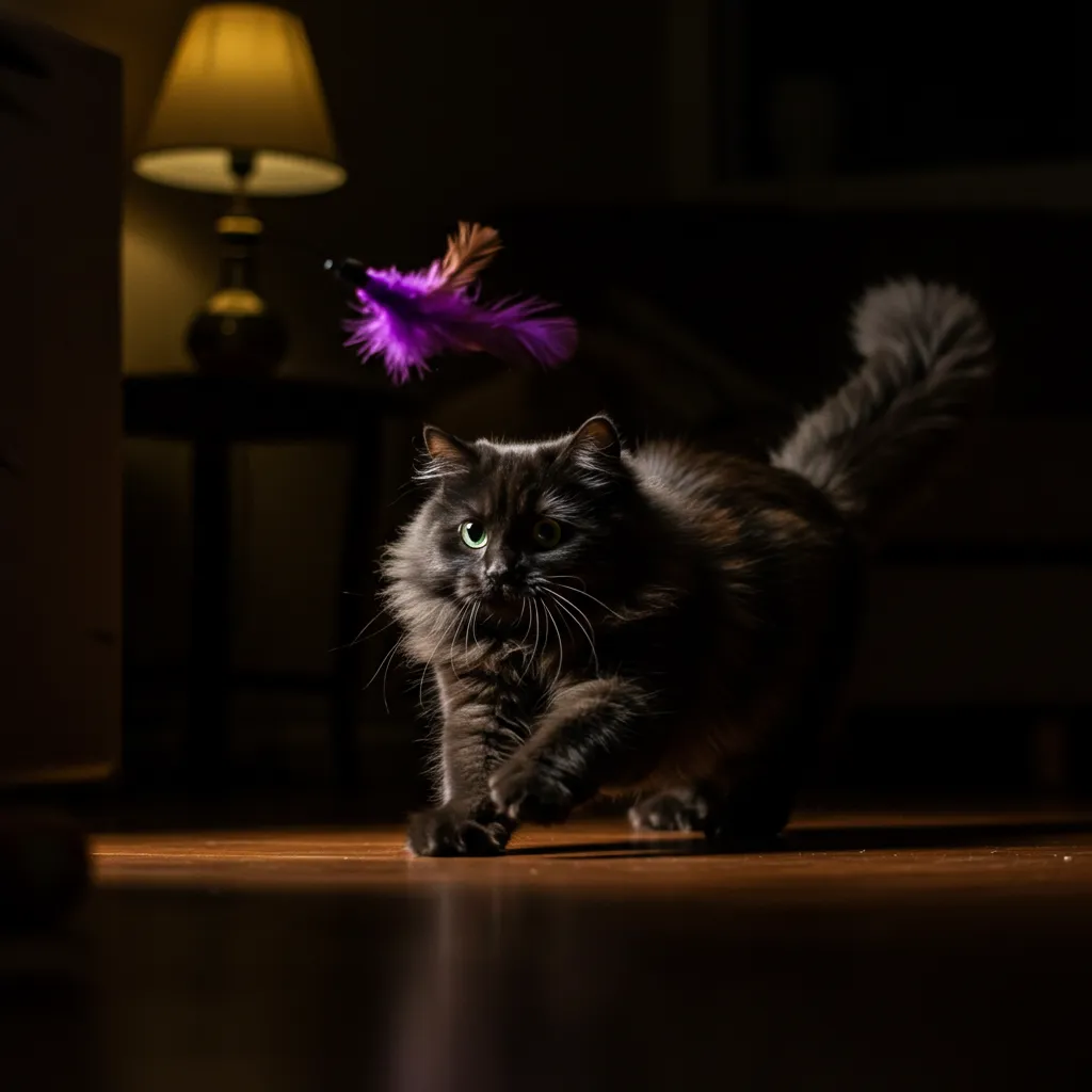 A cat playing energetically with a feather toy at dusk, showcasing crepuscular instincts that drive nighttime aggression.
