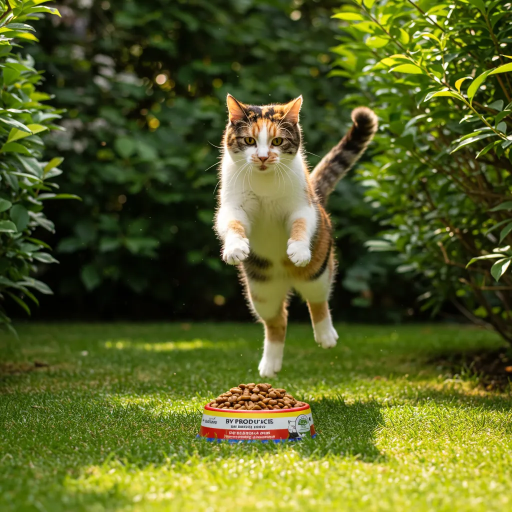 Energetic cat showcasing the benefits of meat by-products in a nutritious diet.