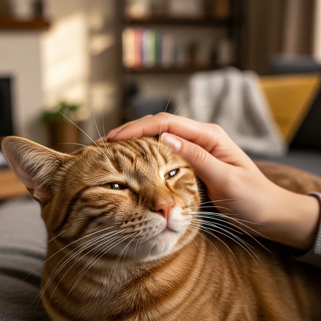  Healthy cat receiving gentle petting in a cozy home environment.