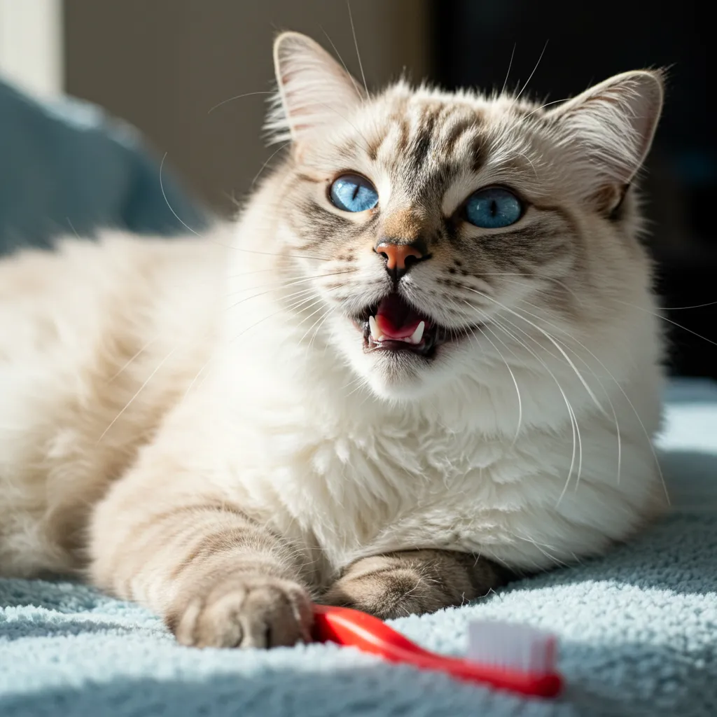 Ragdoll cat with healthy teeth lounging on a blanket next to a toothbrush.