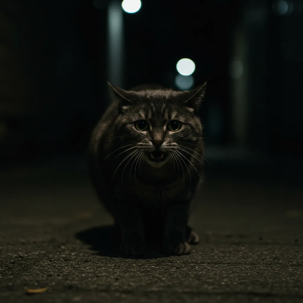 A cat displaying aggressive body language with flattened ears and an arched back, indicating nighttime aggression triggers.