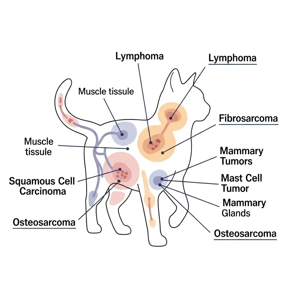 Diagram of common feline tumor types on a cat silhouette.