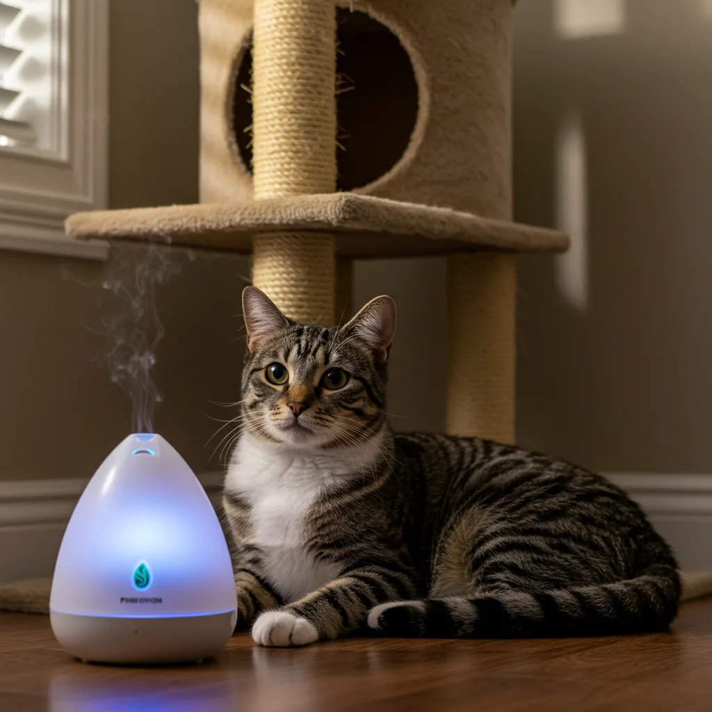 A relaxed cat near a pheromone diffuser, demonstrating calming techniques for nighttime aggression.