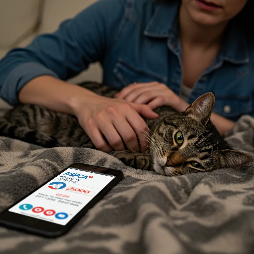 Worried cat owner holding a lethargic cat, calling for help after suspected rat poison ingestion.