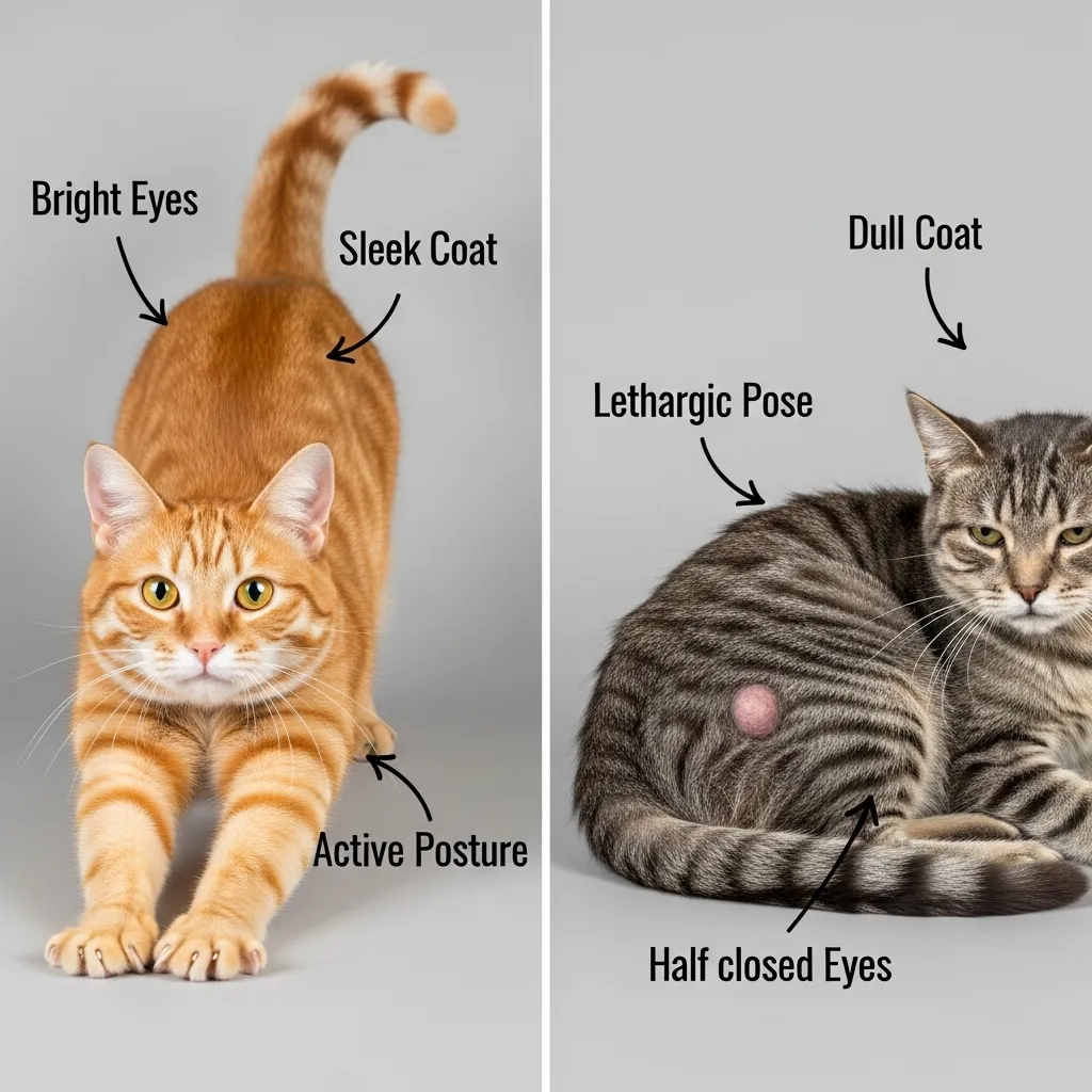 Comparison of healthy cat and cat with cancer symptoms like lethargy and lumps.