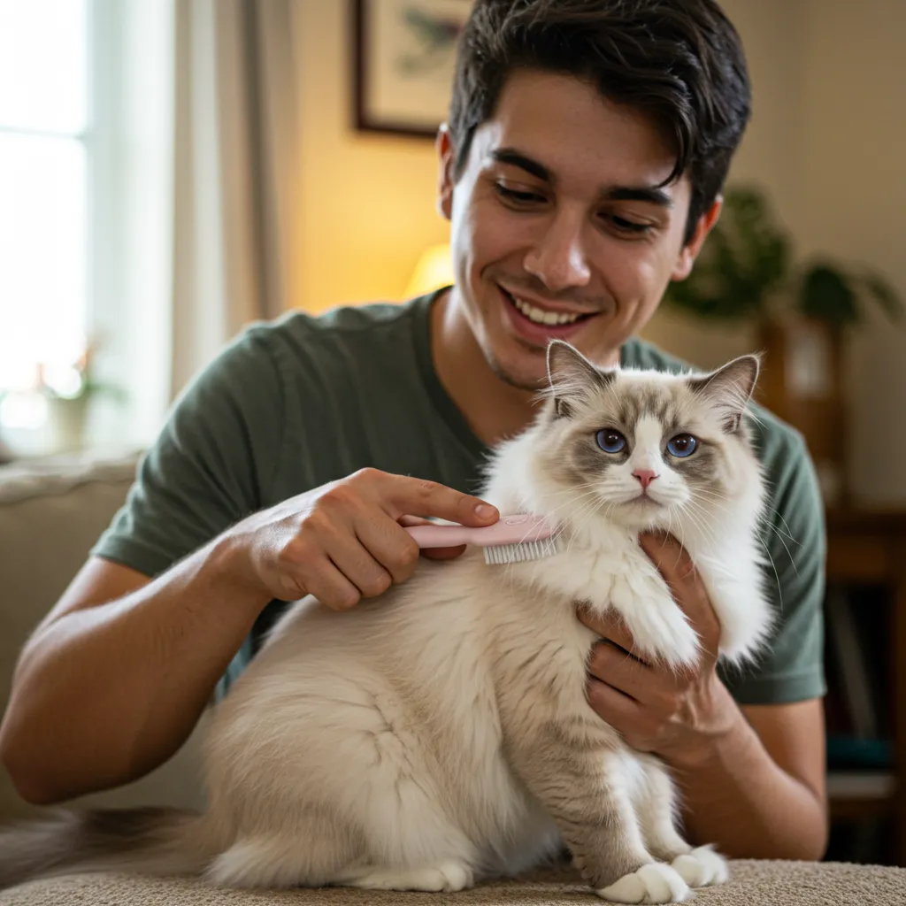 Owner brushing a Ragdoll cat’s teeth with a finger toothbrush in a cozy home.