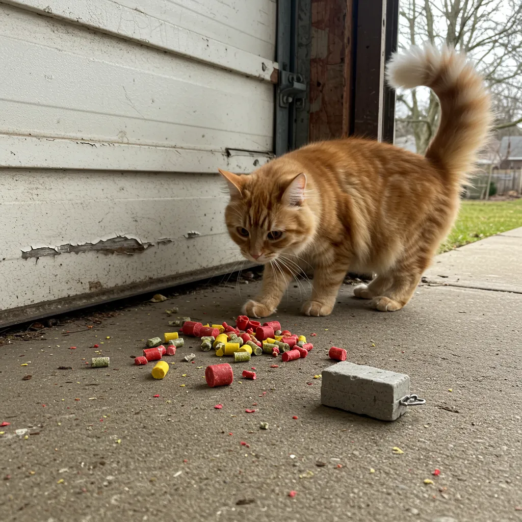 Curious cat investigating rodenticide pellets in a garage, showing risk of cat rat poison exposure.