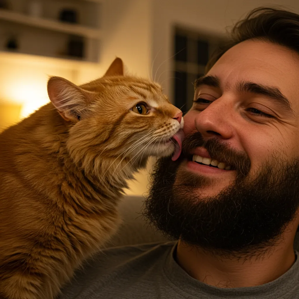 Cat licking owner’s beard showing feline affection.