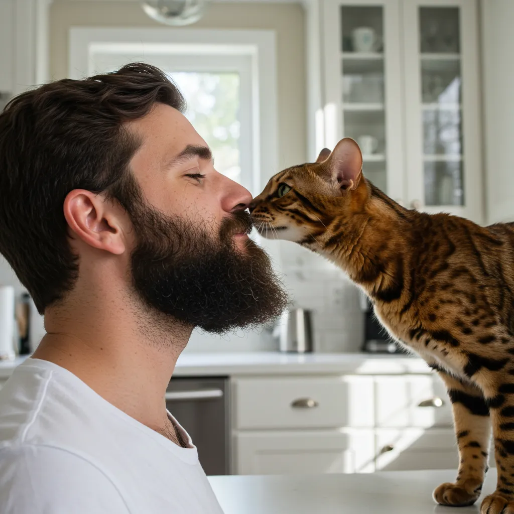 Bengal cat exploring beard scent for feline curiosity.