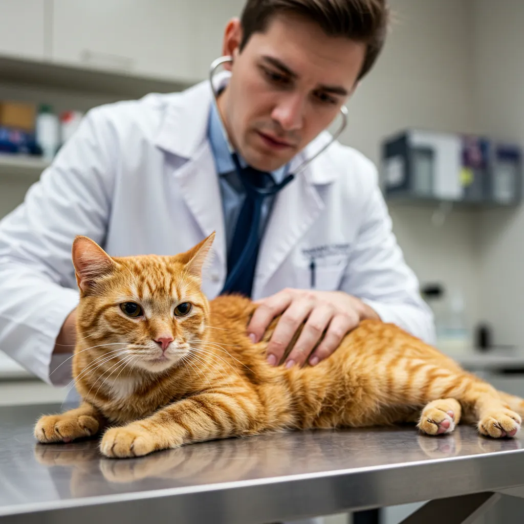 Cat showing signs of rat poison in cats, with pale gums and lethargy, being examined by a veterinarian.