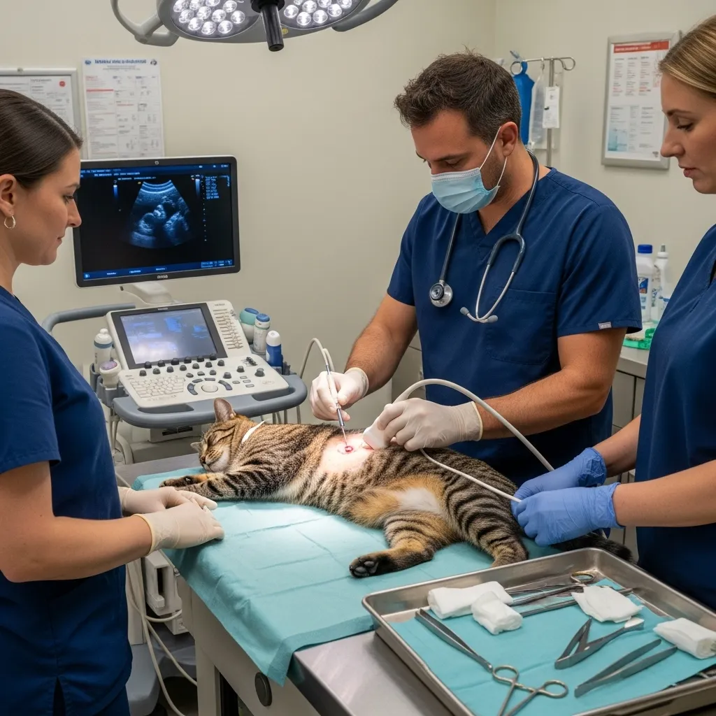  Veterinarian conducting a biopsy on a cat with diagnostic tools in the background.