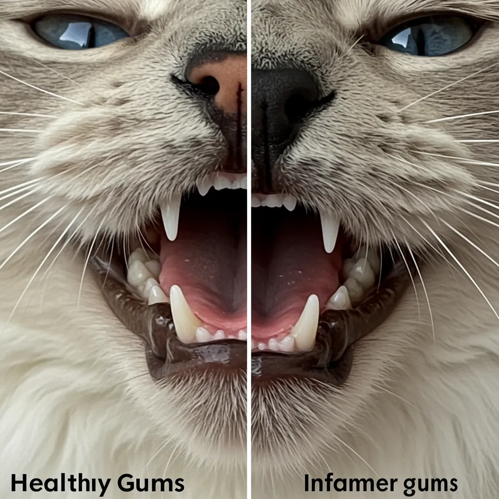 Comparison of healthy and inflamed gums in a Ragdoll cat’s mouth.