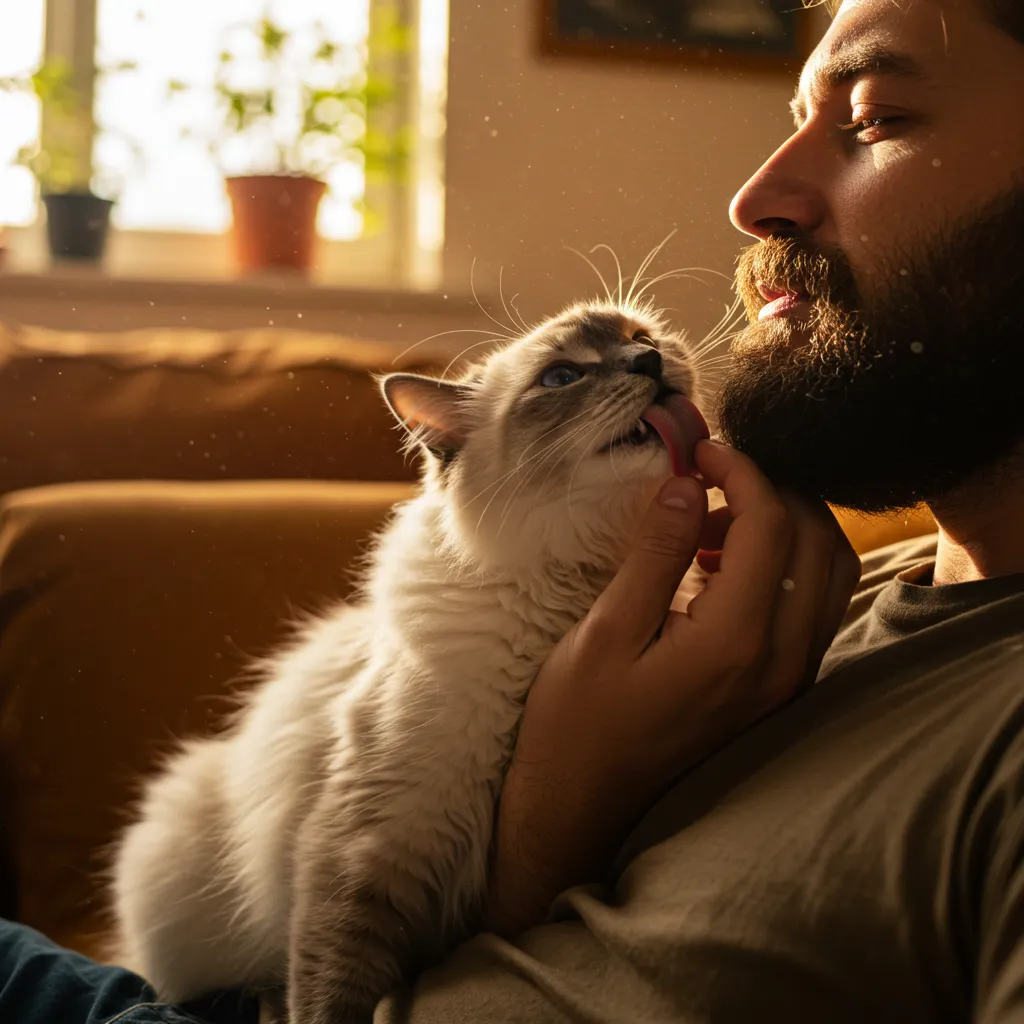Ragdoll cat licking beard during an affectionate bonding moment.