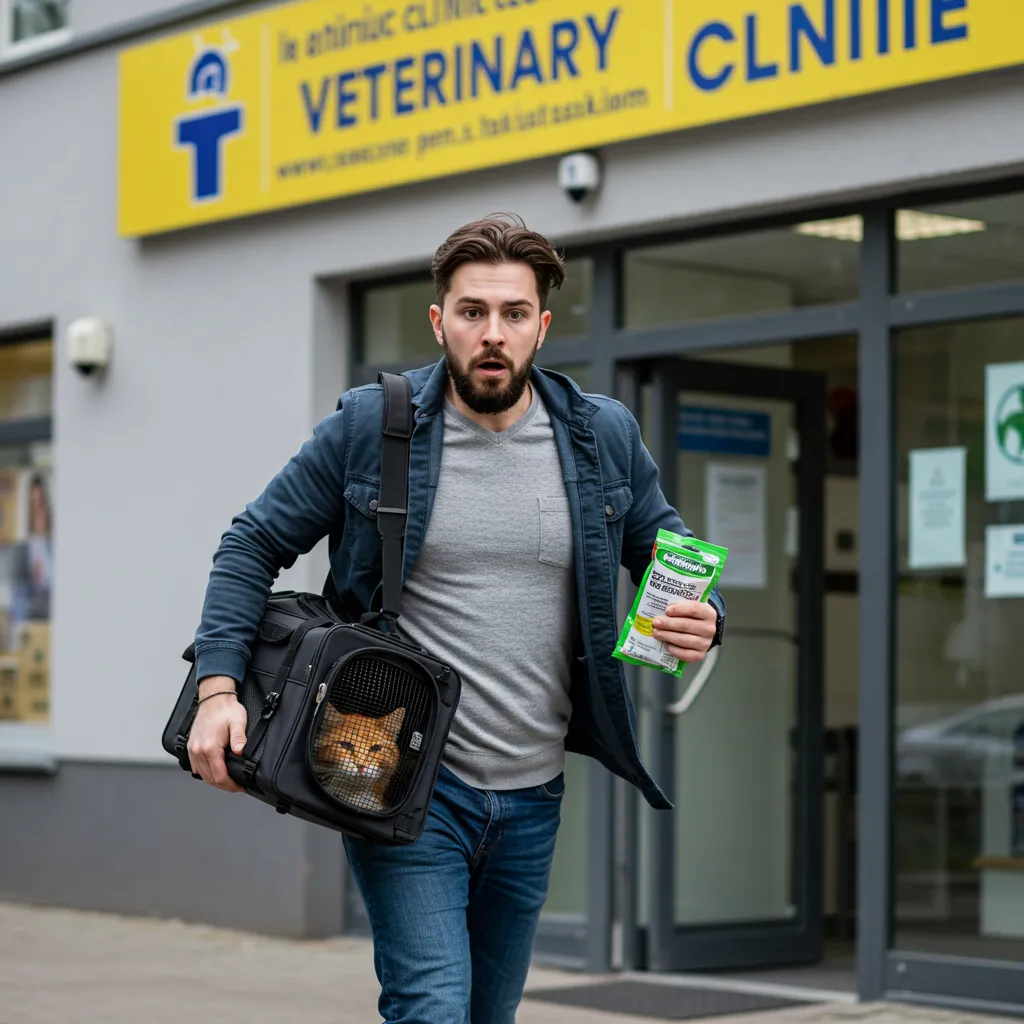 Cat owner urgently bringing a cat to the vet after suspected cat rodenticide poisoning.
