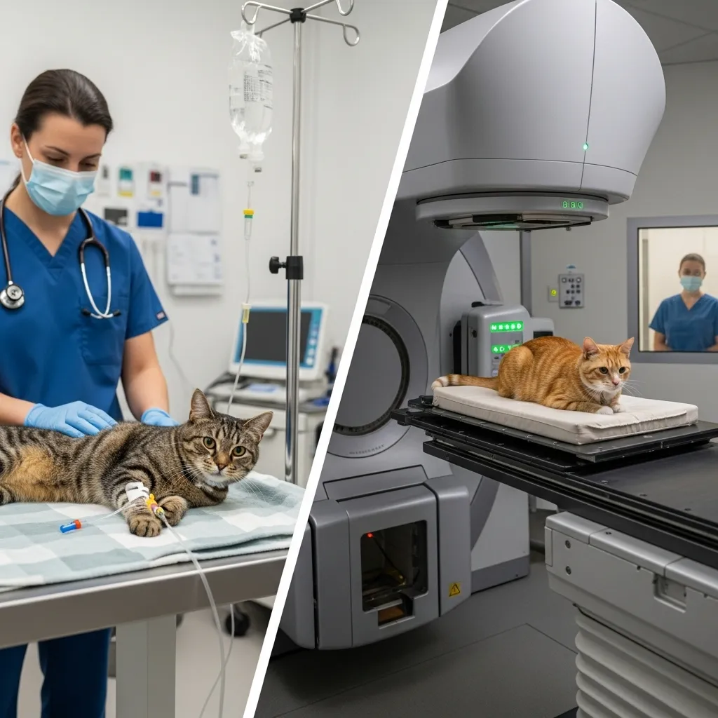  Split image of cat receiving chemotherapy and radiation therapy in a veterinary clinic.