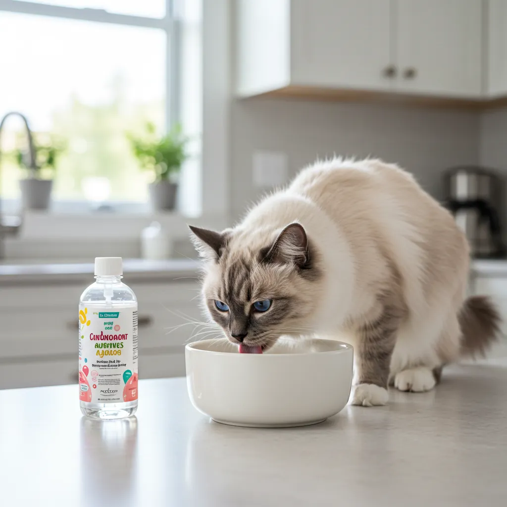 Ragdoll cat drinking from a bowl with a dental water additive bottle in the background