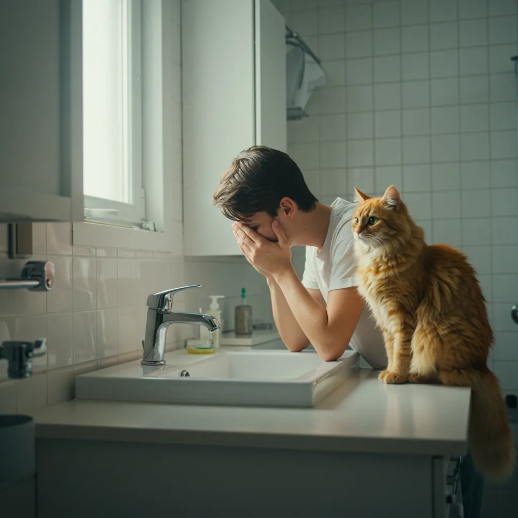 Person practicing hygiene after a cat licking session.