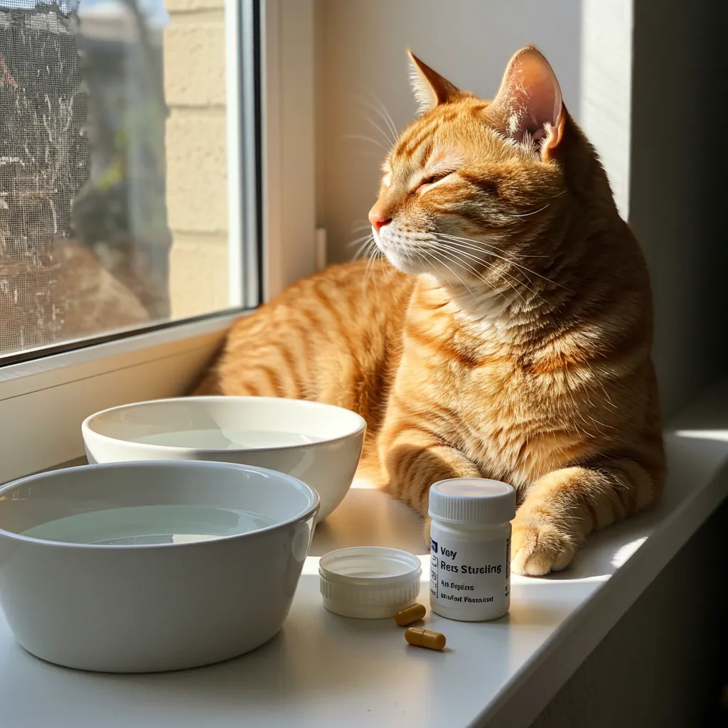 Happy cat recovering from rat poisoning, resting comfortably with vet medication nearby.