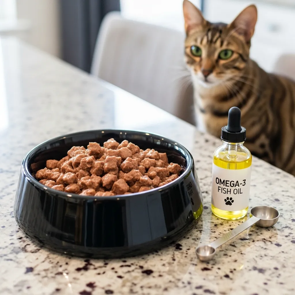 Bowl of high-protein wet cat food with fish oil supplements for a cat with cancer.